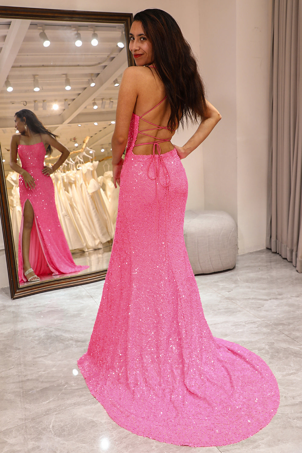 Luolandi Sparkly Mermaid Spaghetti Straps Long Sequins Prom Dress With Slit Sexy